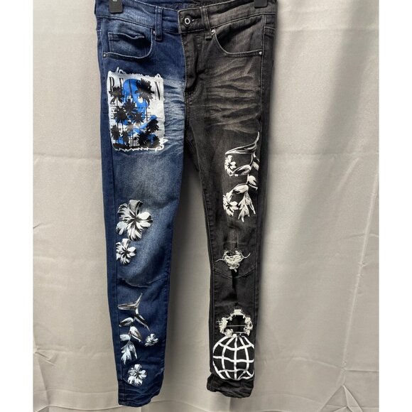 Rue21 Other - Rue 21 Men's Jeans Blue & Black Floral/ Patchy/Ripped/Skinny Size 26x30 SKU 2647